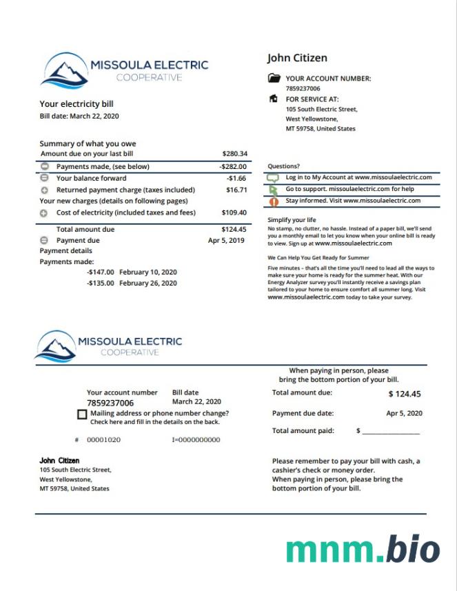 USA Montana Missoula Electric Cooperative elektryczność rachunek za media szablon w formacie Word i PDF